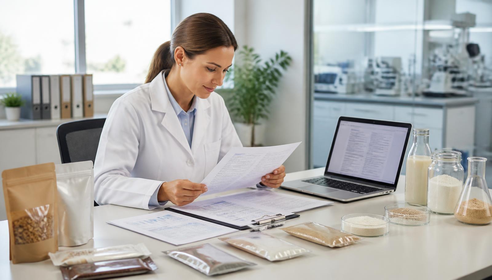Food technologist reviewing a technical product specification and ingredient composition documents beside packaged food products and ingredient samples