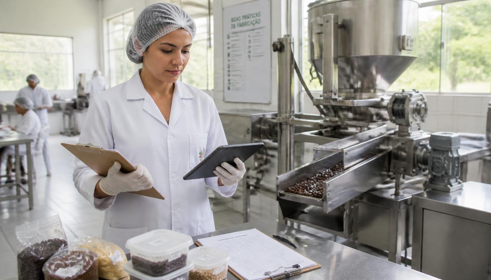 Quality-control technician reviewing production records inside a Brazilian food manufacturing facility