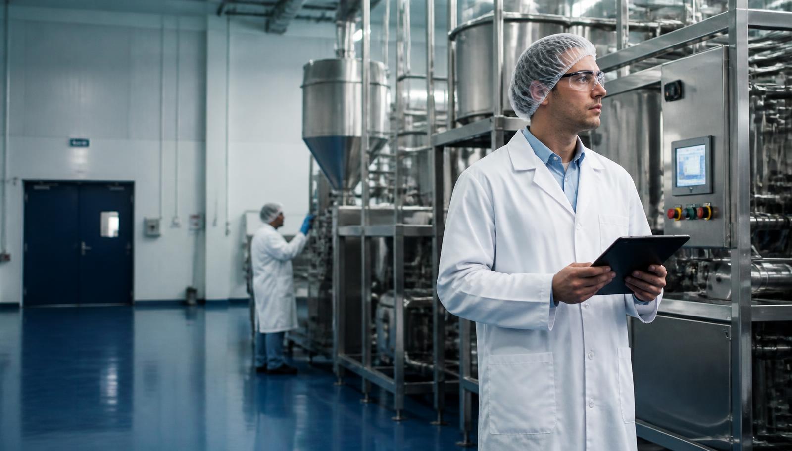 Auditor in protective clothing observing stainless steel processing equipment and reviewing production records inside a food manufacturing facility