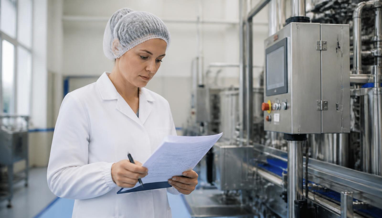 Quality technician reviewing production and laboratory records beside processing equipment in a food manufacturing facility